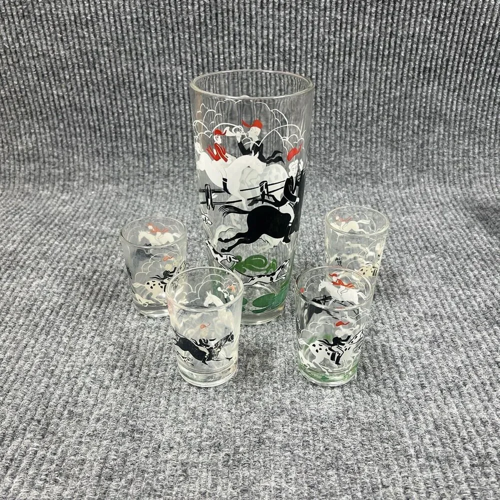 VTG HAZEL‎ ATLAS Glass Fox Hunt Tally Ho Cocktail Martini Shaker & Shot Glasses